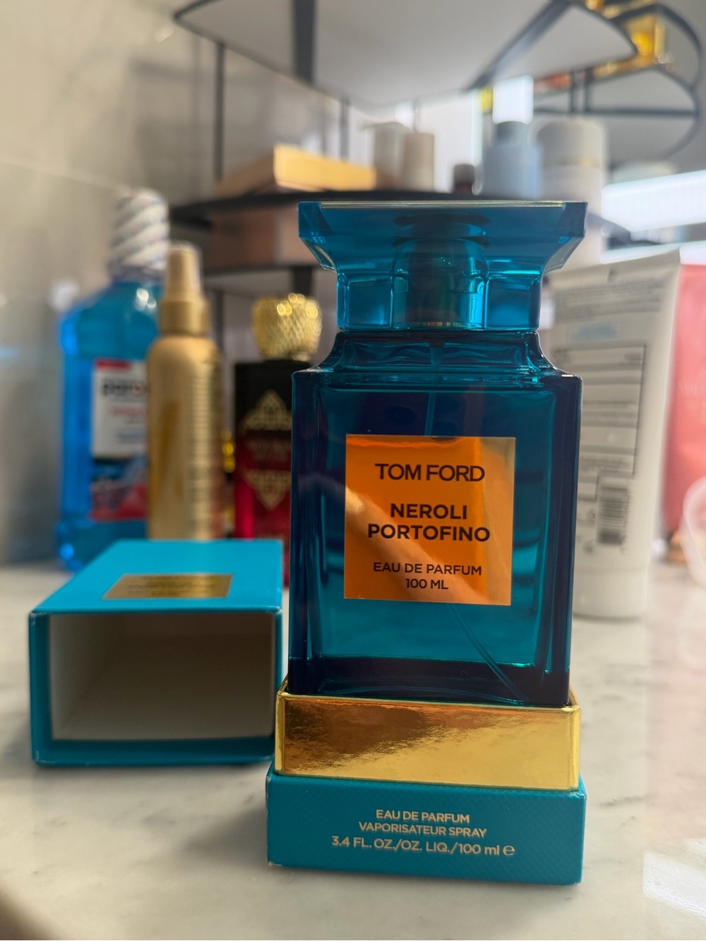 Tom Ford Neroli Portofino Fragrance Bottle - Turquoise & Gold Accents